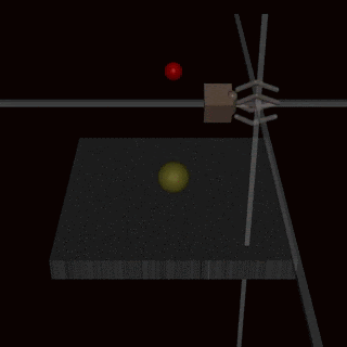 A simulated arm hovers between a ball and a camera.